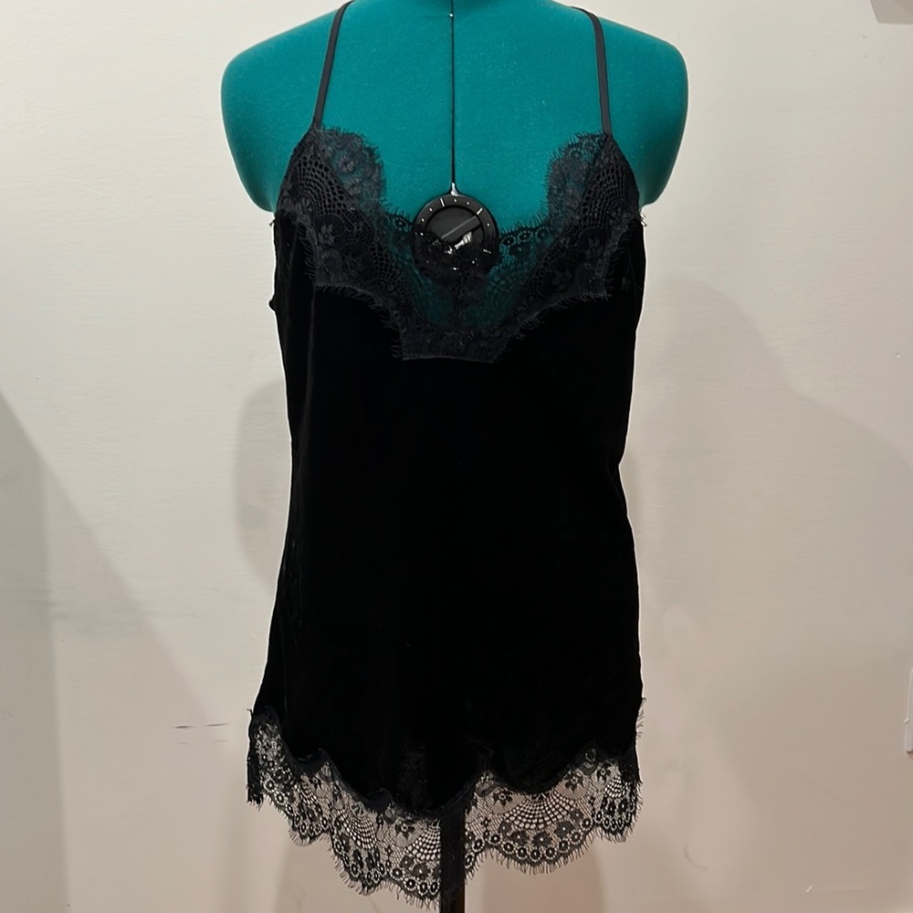 Velvet Spaghetti Strap Top With Lace Trim